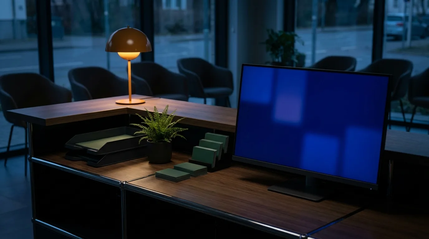 Empfangstresen einer modernen Praxis am Abend mit Terminmonitor und warmer Tischlampe