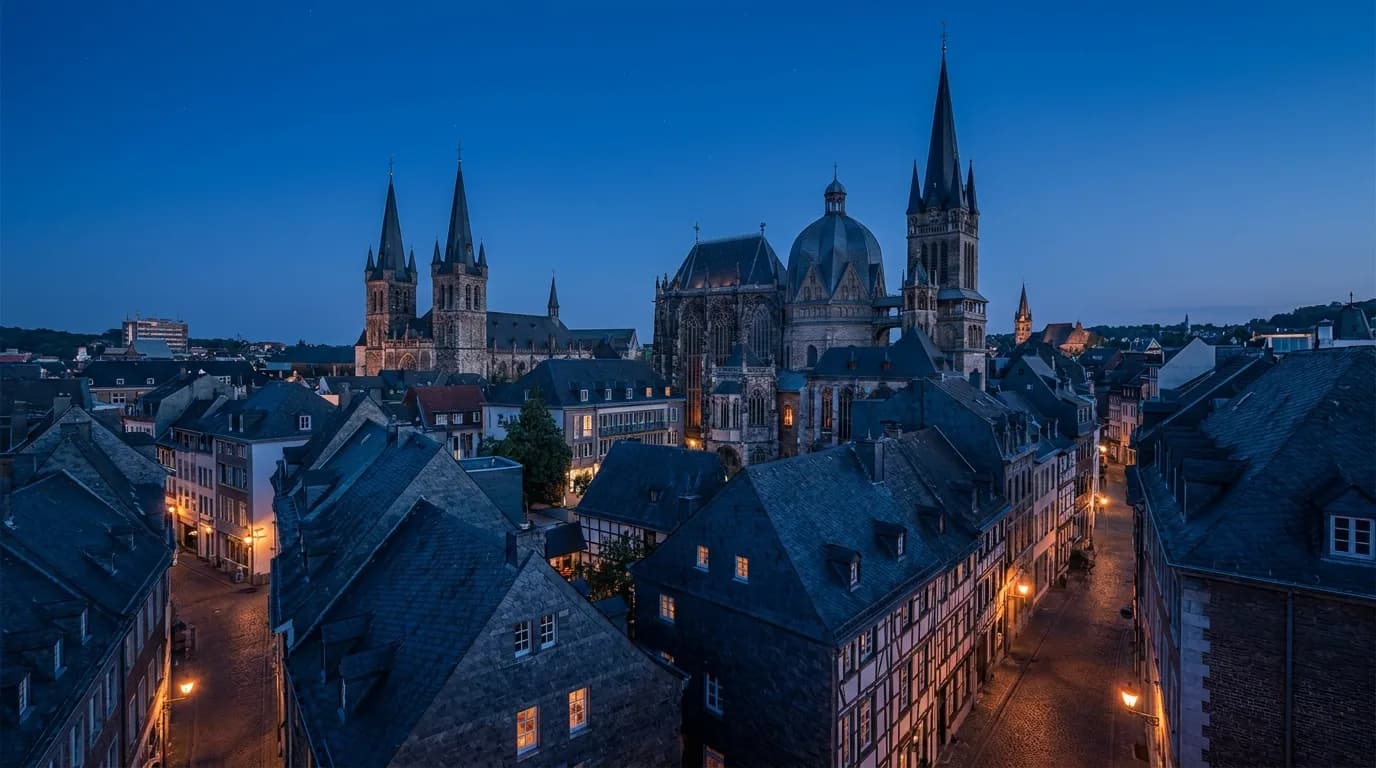 Aachener Altstadt zur blauen Stunde mit Dom und Rathaus