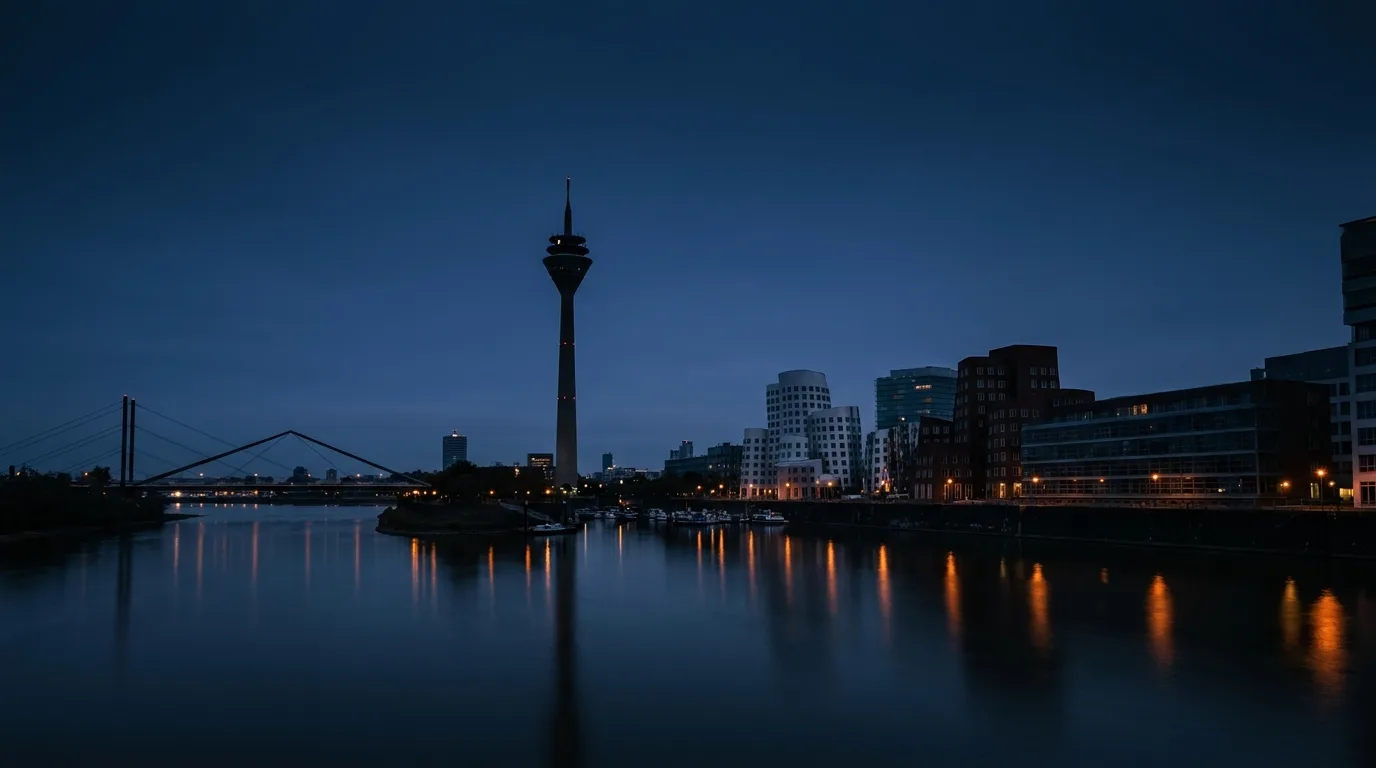 Düsseldorfer Medienhafen zur blauen Stunde mit Rheinturm